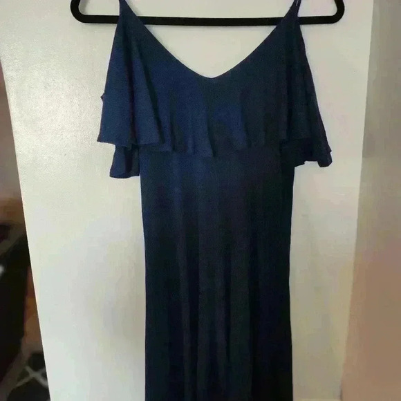 Aqua ribbed knit Cold Shoulder Navy Dress size Large #79 - Picture 2 of 3